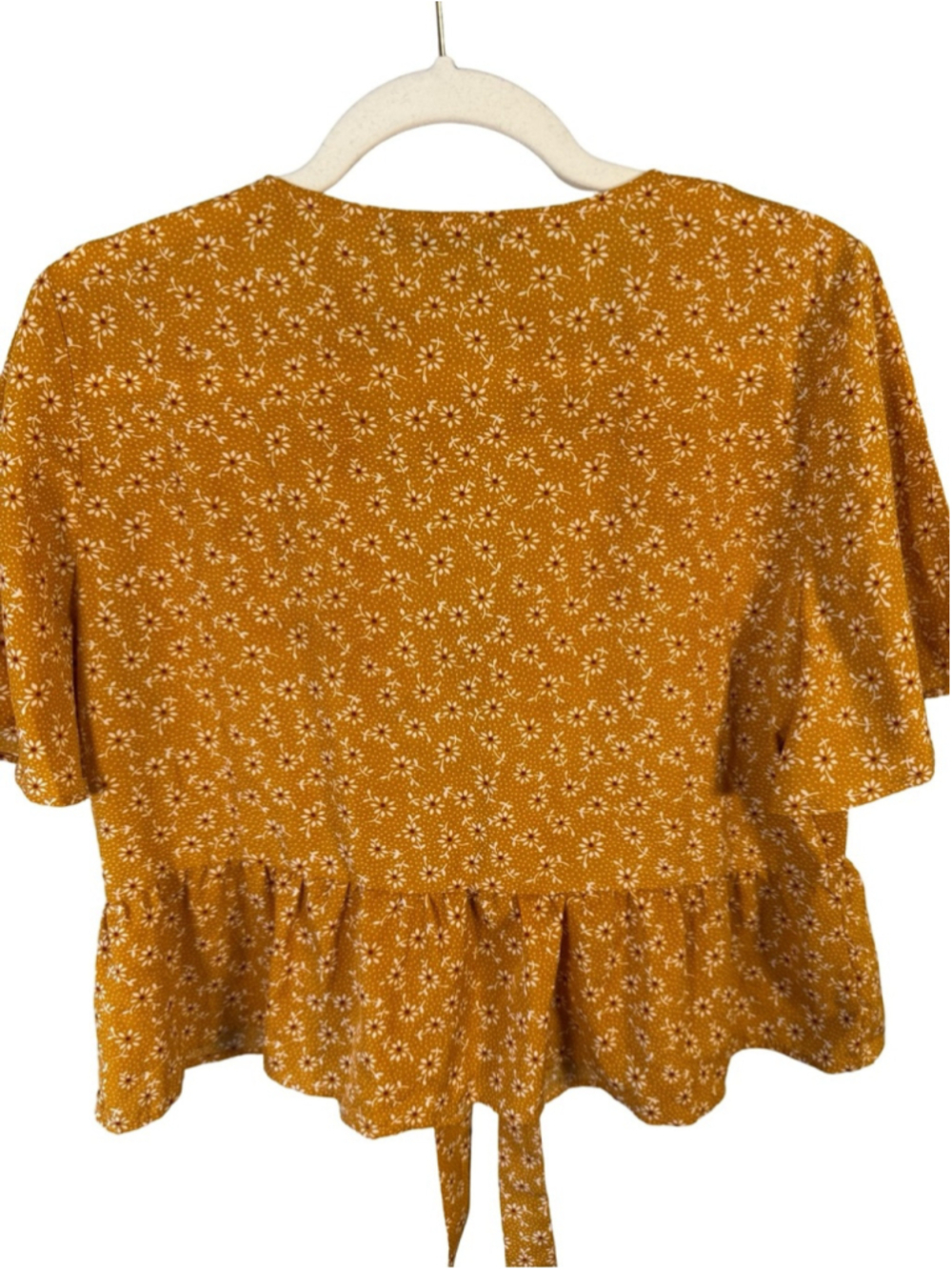 SHEIN Mustard Floral Tie-Front Peplum Blouse Size L Cottagecore Boho Western - Picture 11 of 11